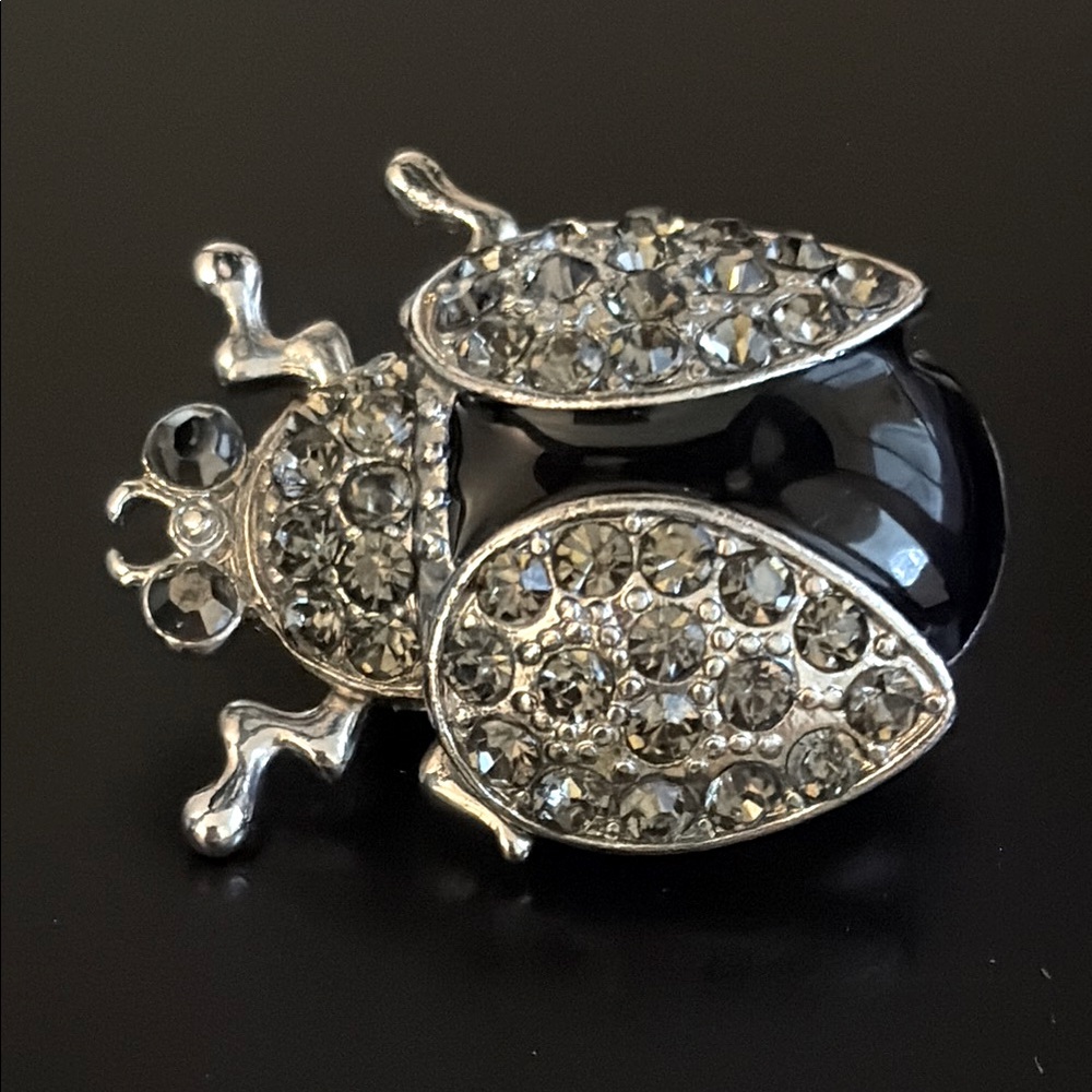 VTG lady bug Black and Silver Rhinestone Brooch